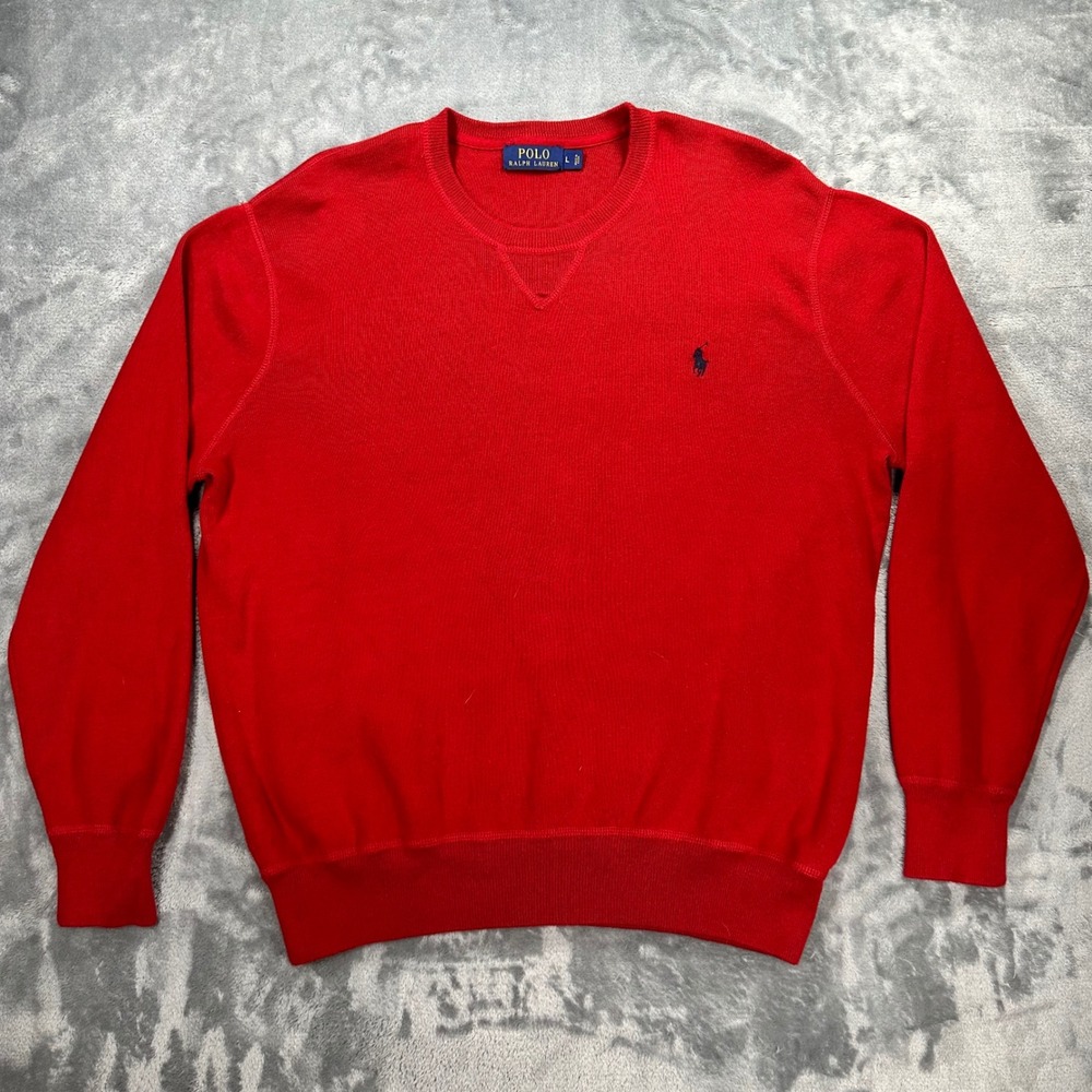 Polo Ralph Lauren Mens Large Red Cotton Knit Crewneck Sweater Navy Pony Logo